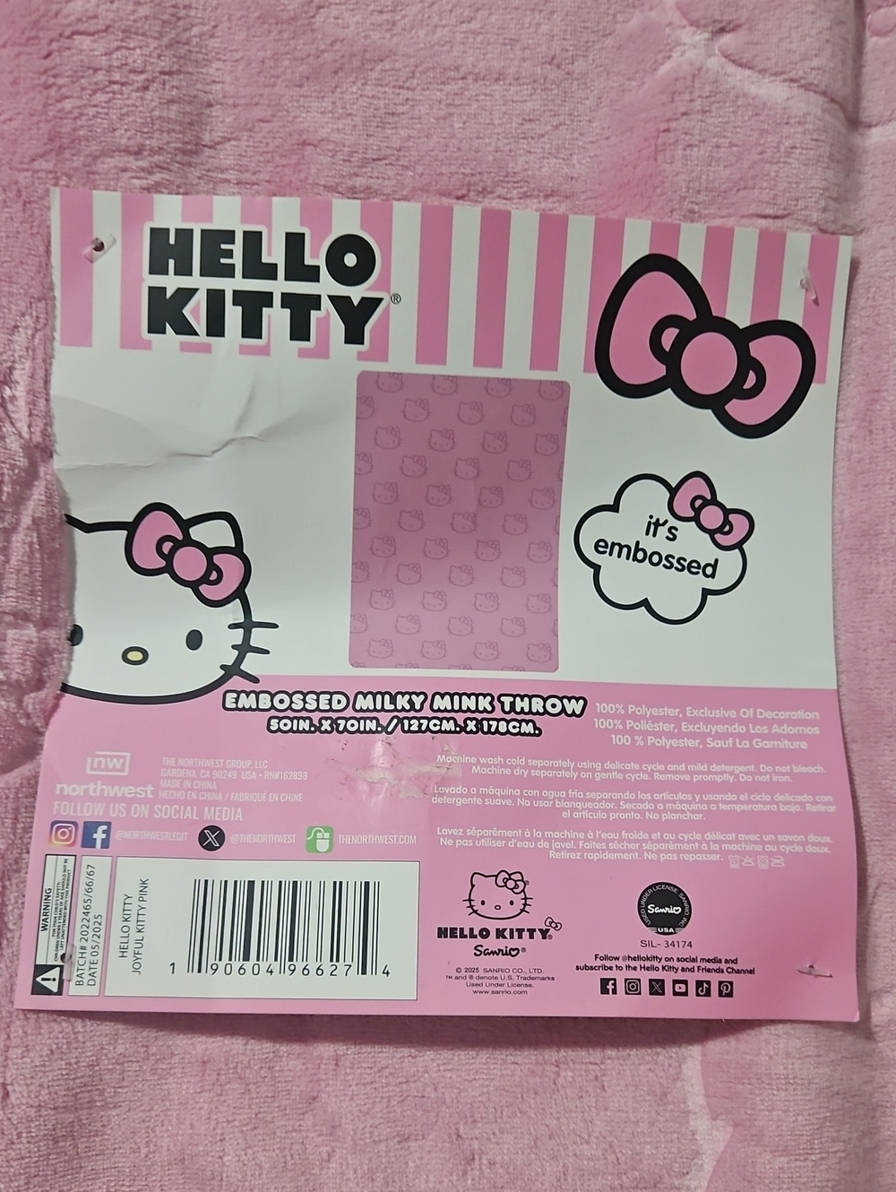 Hello Kitty Pink Embossed Throw Blanket